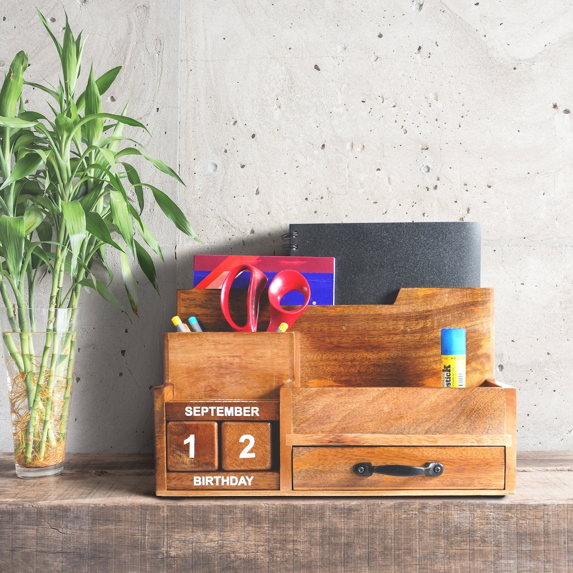 Multi-Functional Rectangle Wooden Office Desk Pen Holder Storage Box Desktop Organizer Drawer Accessories 40x21x25cm detail