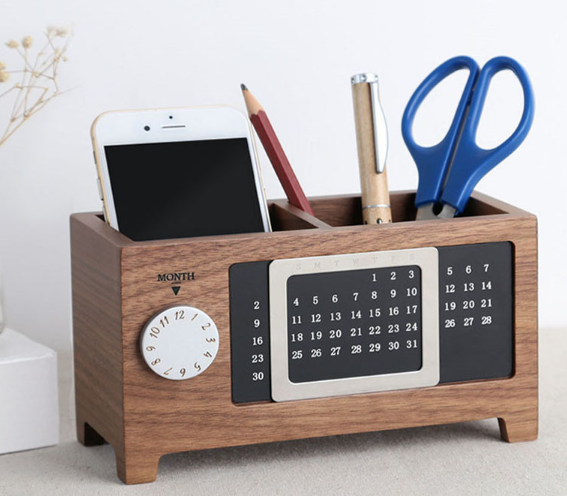Solid Wood Handmade Calendar Pen Holder Multifunctional Desktop Office Organizer Modern Stylish Design for Living Room Home product view