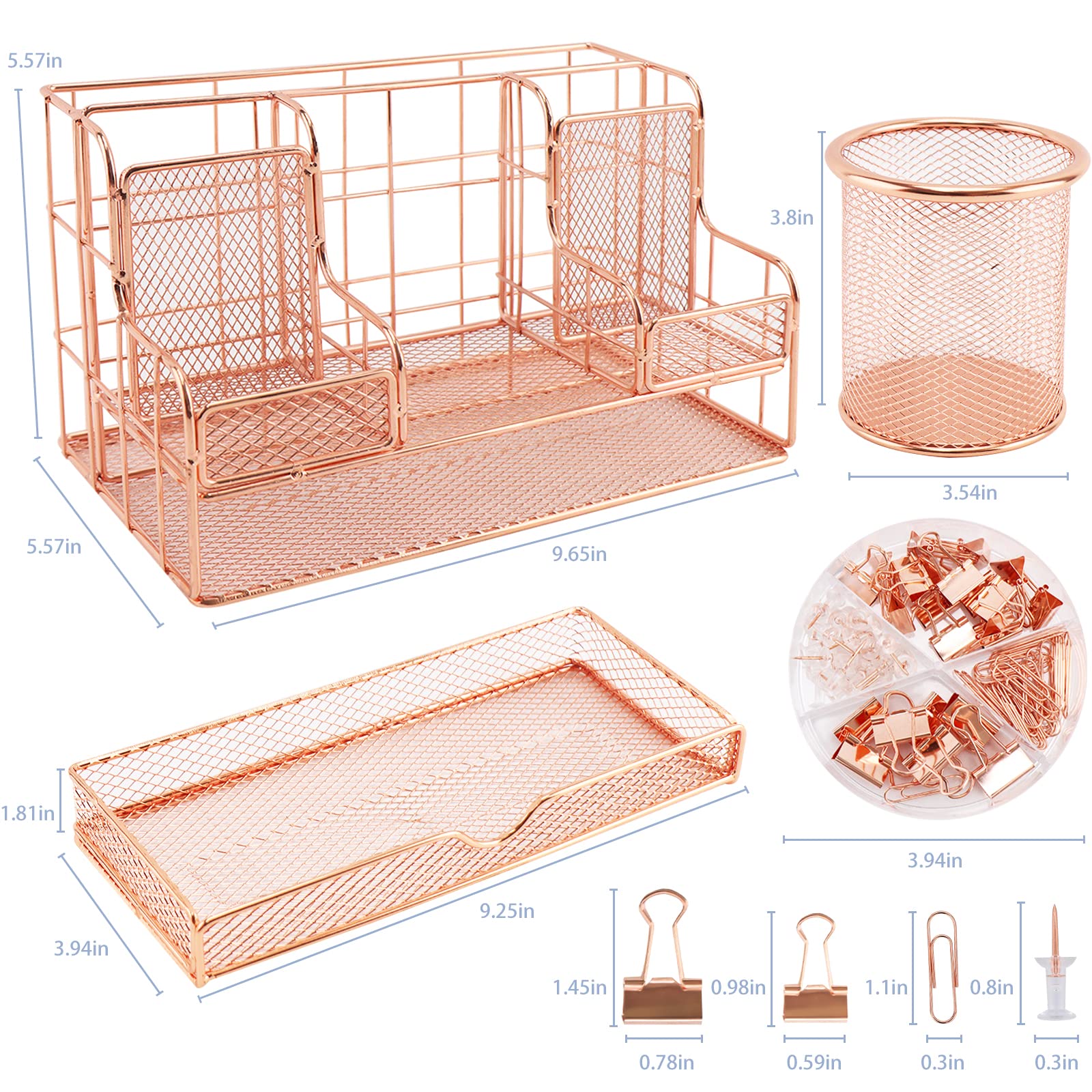 Rose Gold Metal Modern Desk Organizer Office Supplies Accessories With 7 Compartments Pen Holder Clips Set Customized Packaging