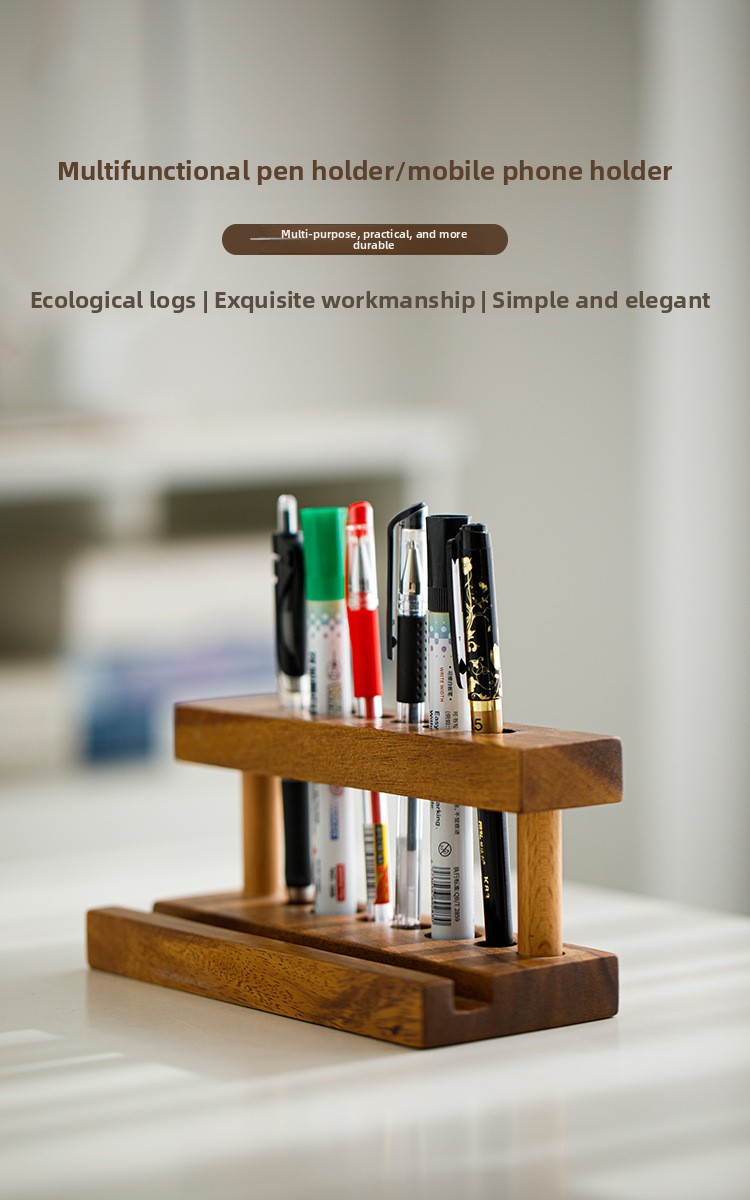 Custom Wood 2-tier Standing Pen Holder Desktop Tubular Penrack Multi-hole Phone and Pen Stationery Storage Rack for Office detail