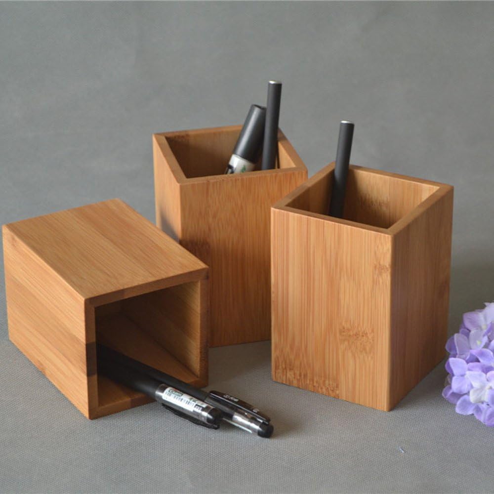 Bamboo Wood Modern Handmade Desk Pen Pencil Holder Boxes Stand Multi-Purpose Use Single Tier Storage Organizer