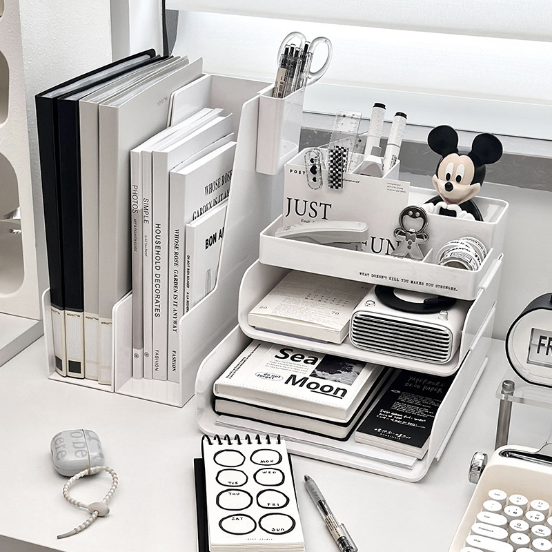 Multifunctional Plastic Desktop Organizer Space-Saving Storage Bookshelf and File Box for Home or Office