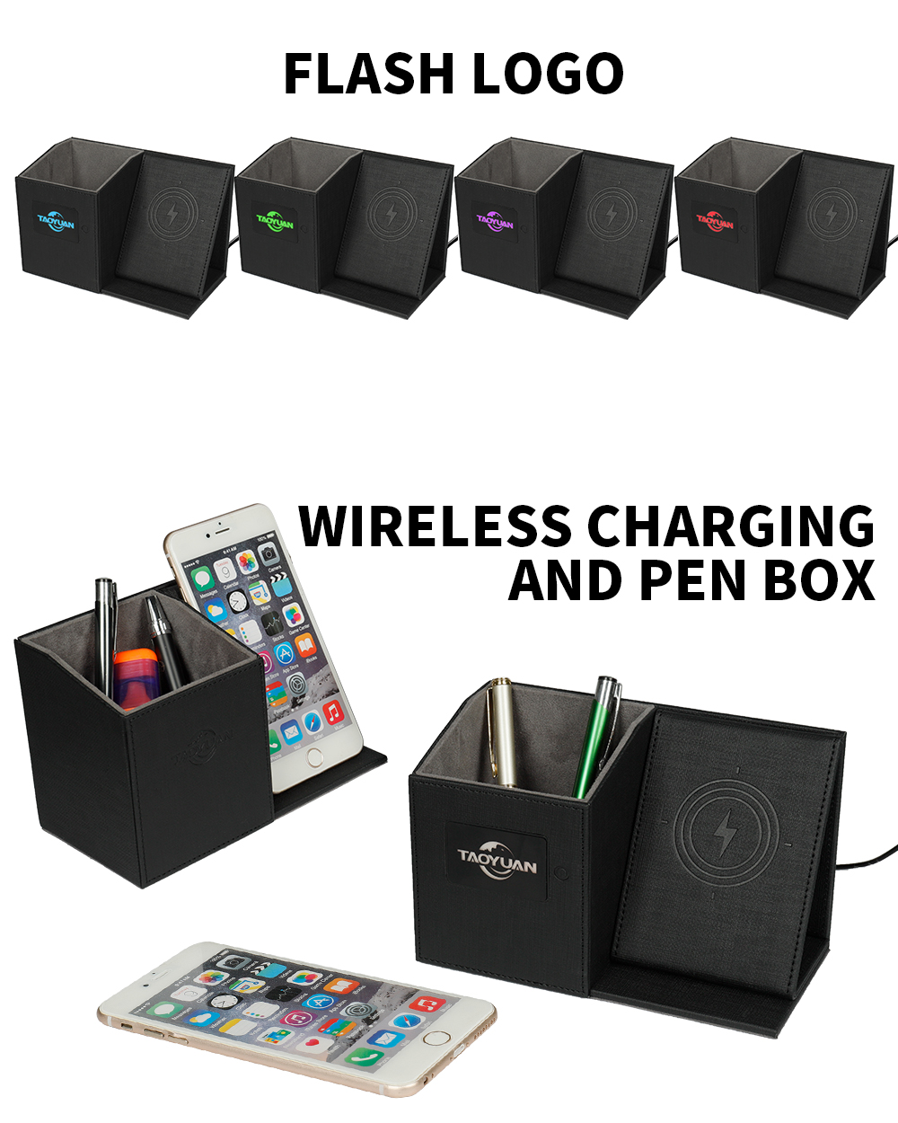 2020 Newest Leather Pen Holder Wireless Charging Box with MICR USB Port Eco-friendly Office Desktop Stationery Organizer detail