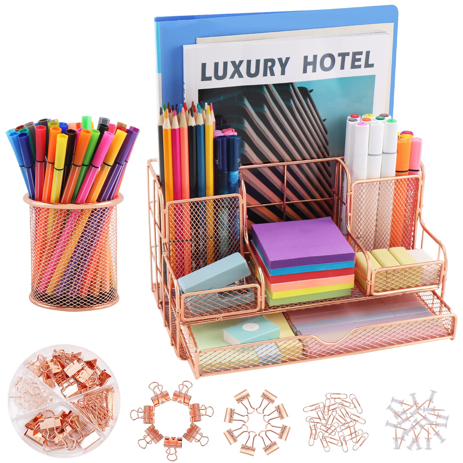 Rose Gold Metal Modern Desk Organizer Office Supplies Accessories with 7 Compartments Pen Holder Clips Set Customized Packaging detail