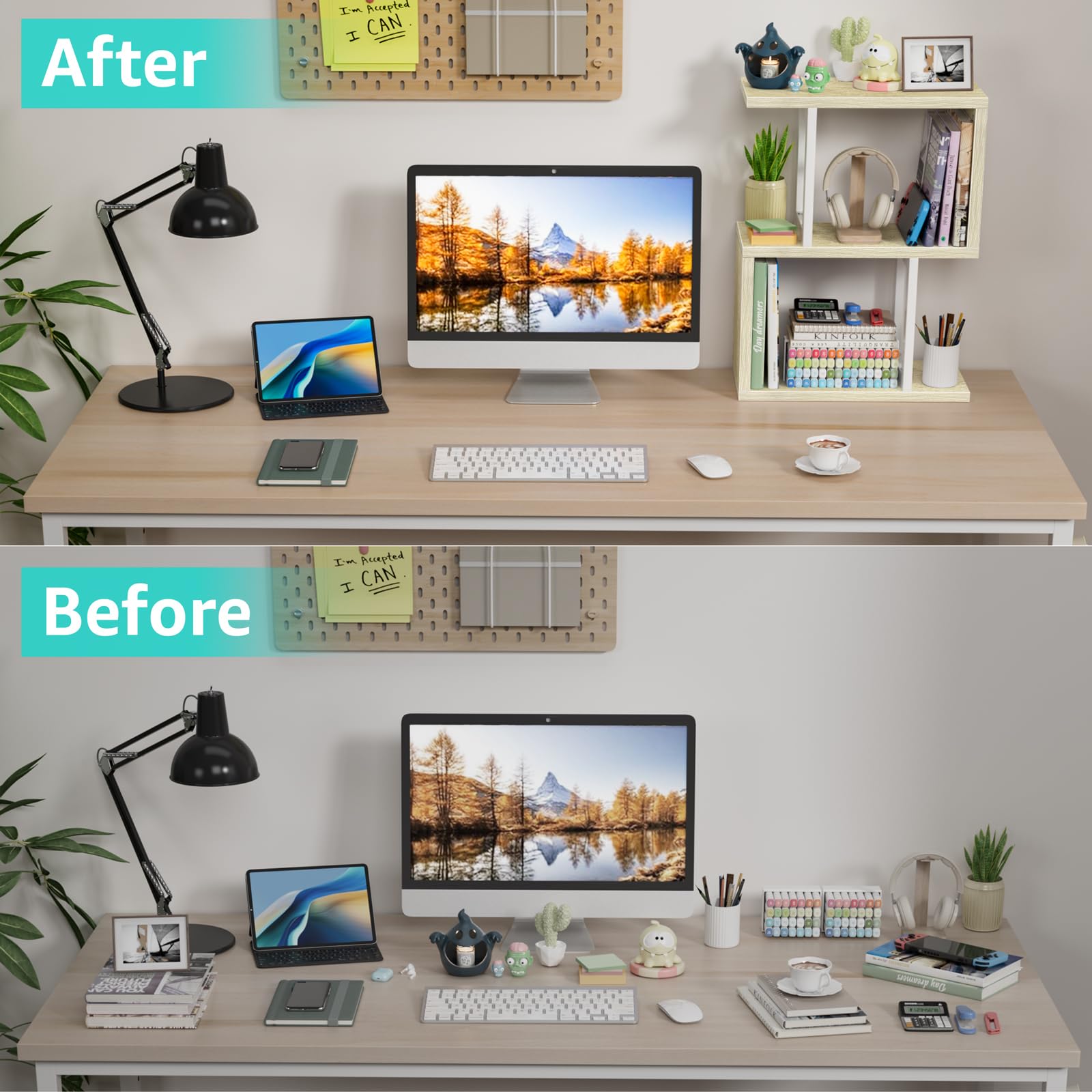 Wood 3 Tier Desk Shelf Bookcase with Storage Drawers Minimalist Tabletop Organizer for Home Office detail