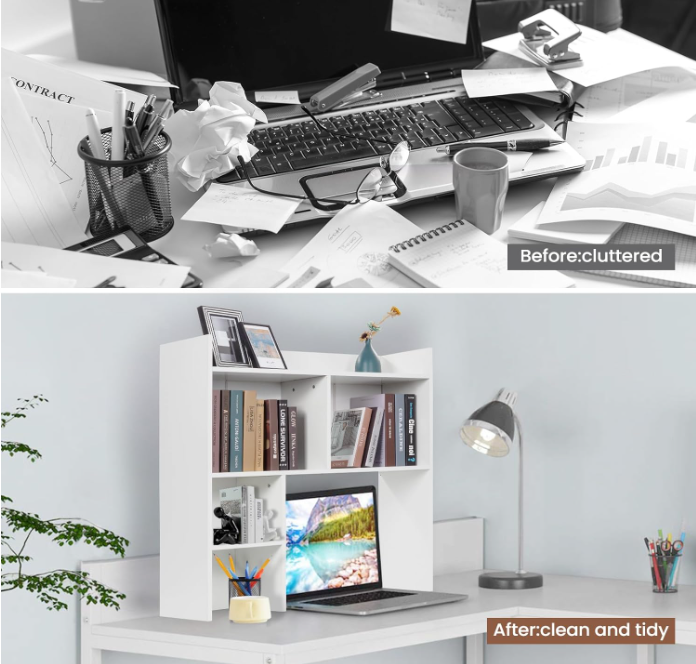 Desktop Bookshelf 36" Tall, White Desk Hutch for Computer Desk, 4-floors Wood Desk Shelf Storage Organizer for Office Home detail