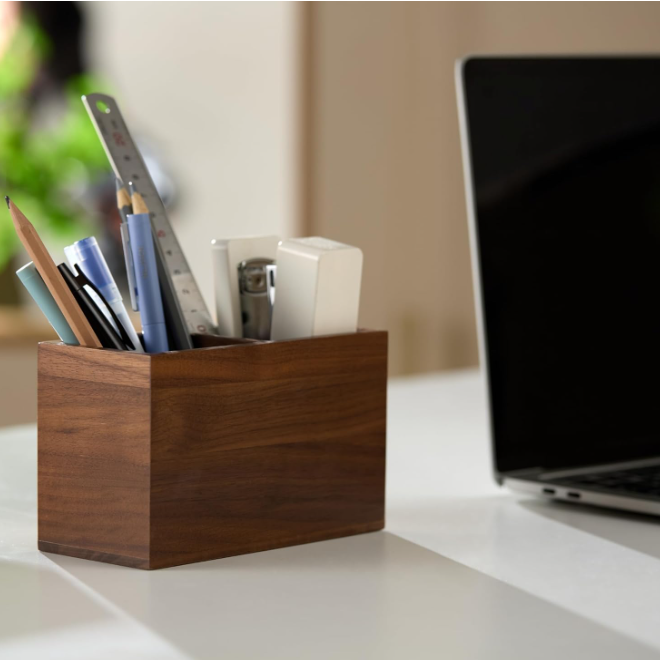 Walnut Wooden Rectangle Modern Handcrafted Pen Holder Jumbo Desk Organizer Stationery Multi-functional Storage Box product view