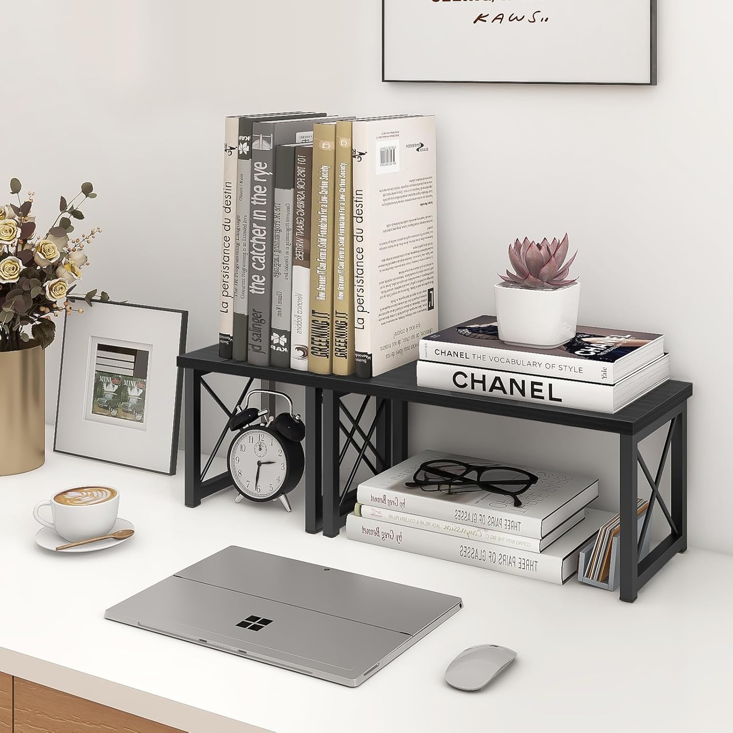 Wood Desktop Shelf 2 Tier Adjustable Matte Finish Small Bookshelf Organizer Freestanding Stackable Desk Stand Storage Bathroom detail