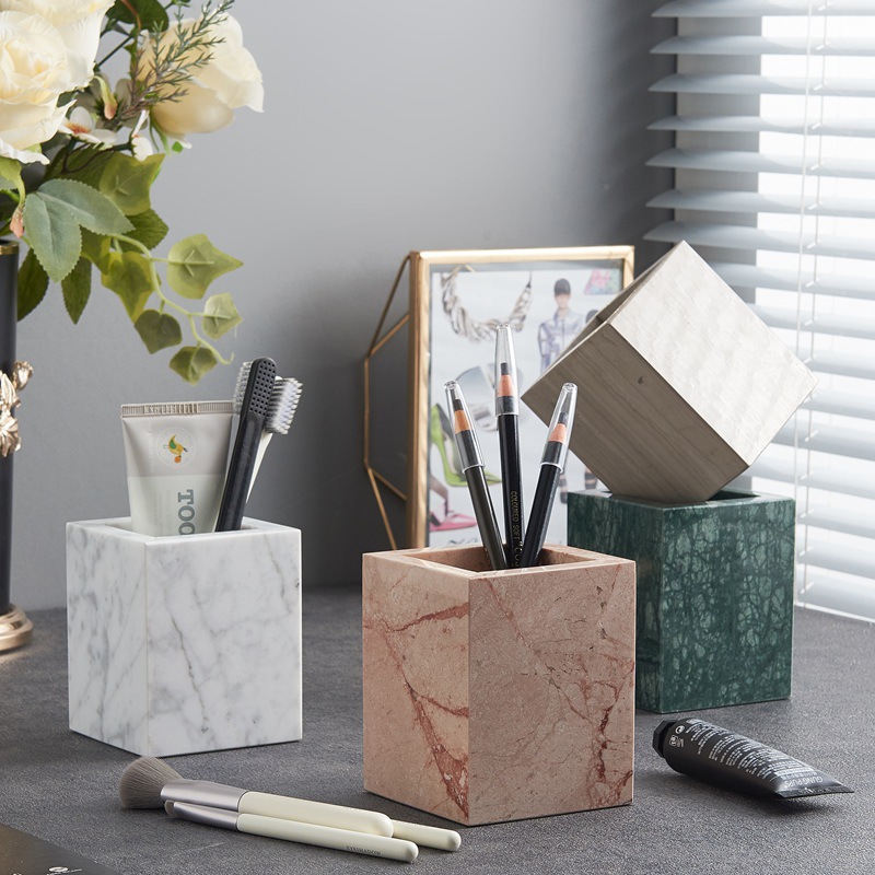 Luxury White/Black/Green Marble Pen Holder Handmade Polished Stone Desk Pen Cup for Office Decoration Gift