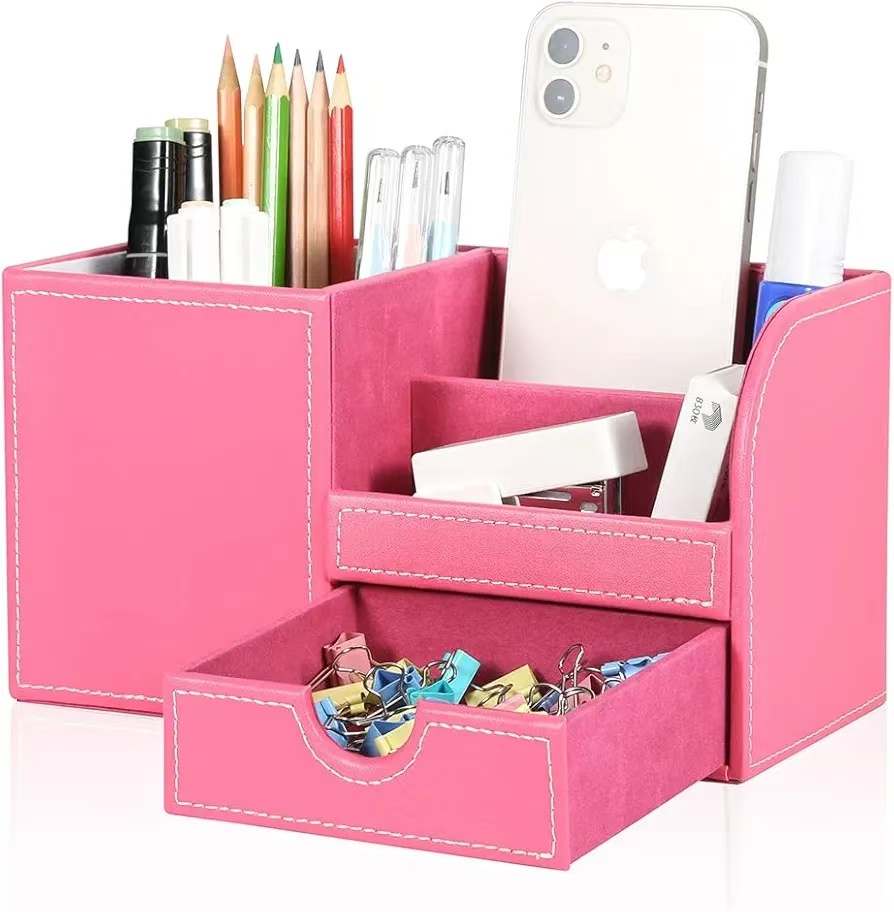Pink High Quality PU Leather Portable Multi-function Pen Pencil Holder Desk Organizer Office Desktop Stationery Organizer product view