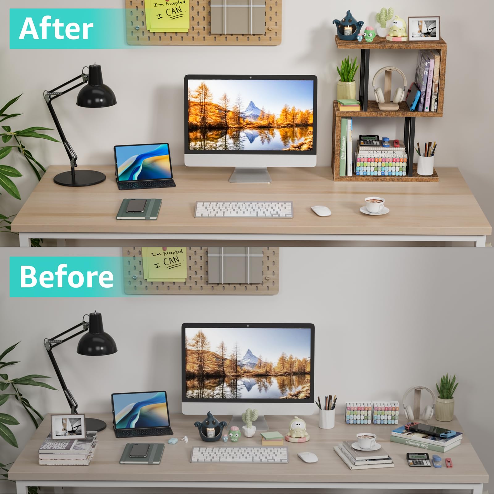 Wood 3 Tier Desk Shelf Bookcase with Storage Drawers Minimalist Tabletop Organizer for Home Office detail