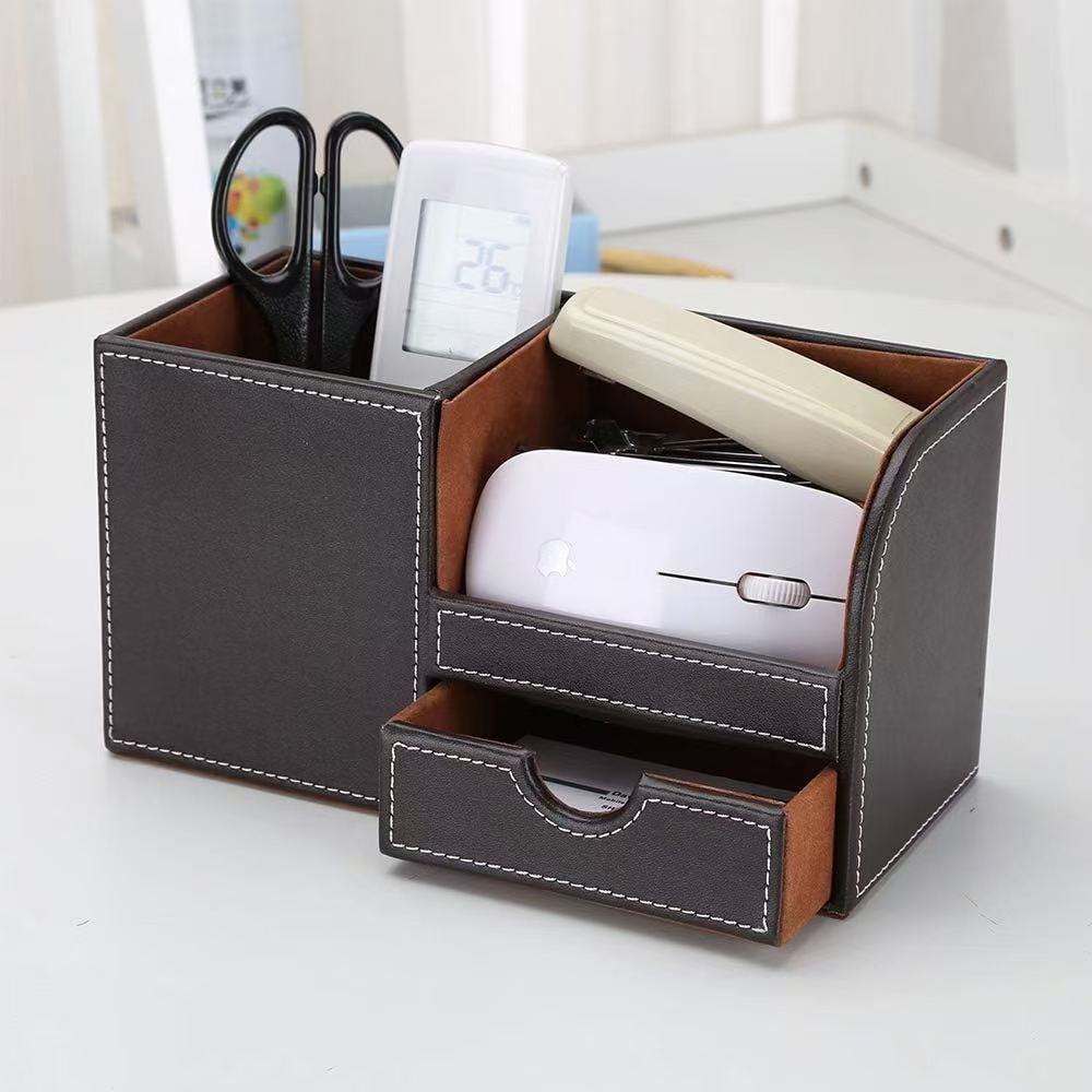 Square Shape Multi-functional Pen Pencil Holder Pu Leather Desk Storage Box with a Small Drawer detail