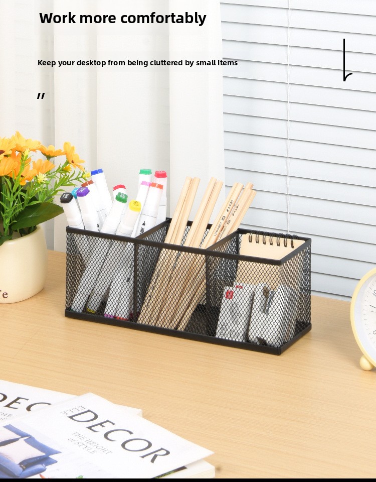 Minimalist Three-Compartment Long-Shaped Metal Pen Holder with High-Temperature Baked Enamel Coating for Office Use detail