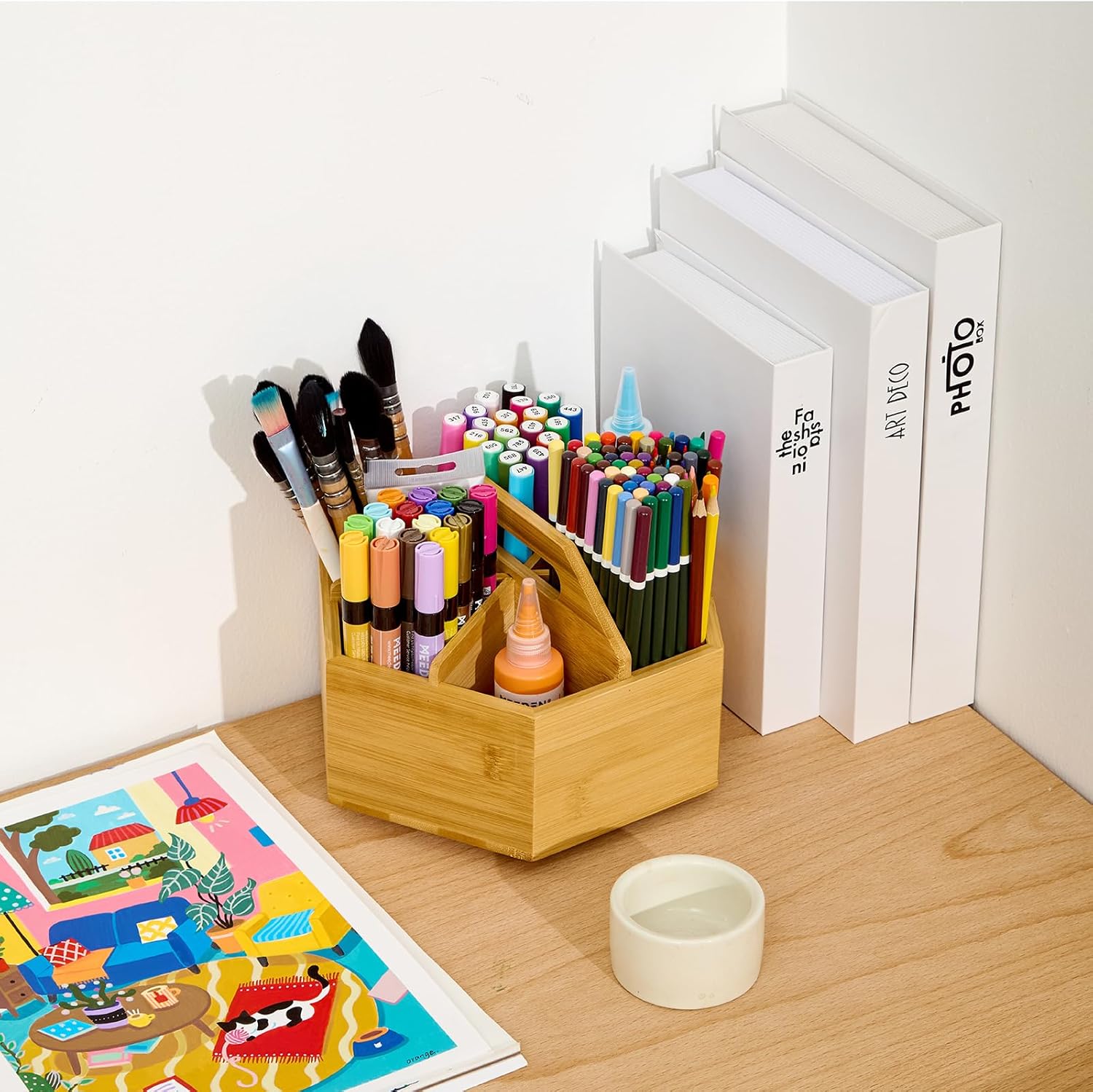 Bamboo Rotating Art Supplies Desktop Organizer: Desk Pen and Pencil Holder Colored Pencils for Offices, Schools, and Classrooms. detail