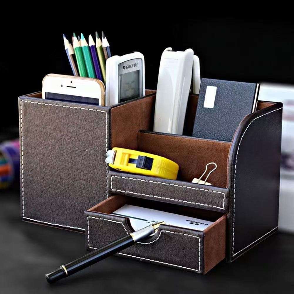Square Shape Multi-functional Pen Pencil Holder Pu Leather Desk Storage Box with a Small Drawer product view