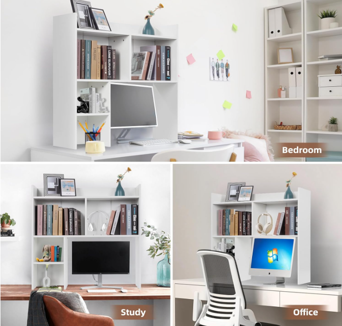 Desktop Bookshelf 36" Tall, White Desk Hutch for Computer Desk, 4-floors Wood Desk Shelf Storage Organizer for Office Home detail