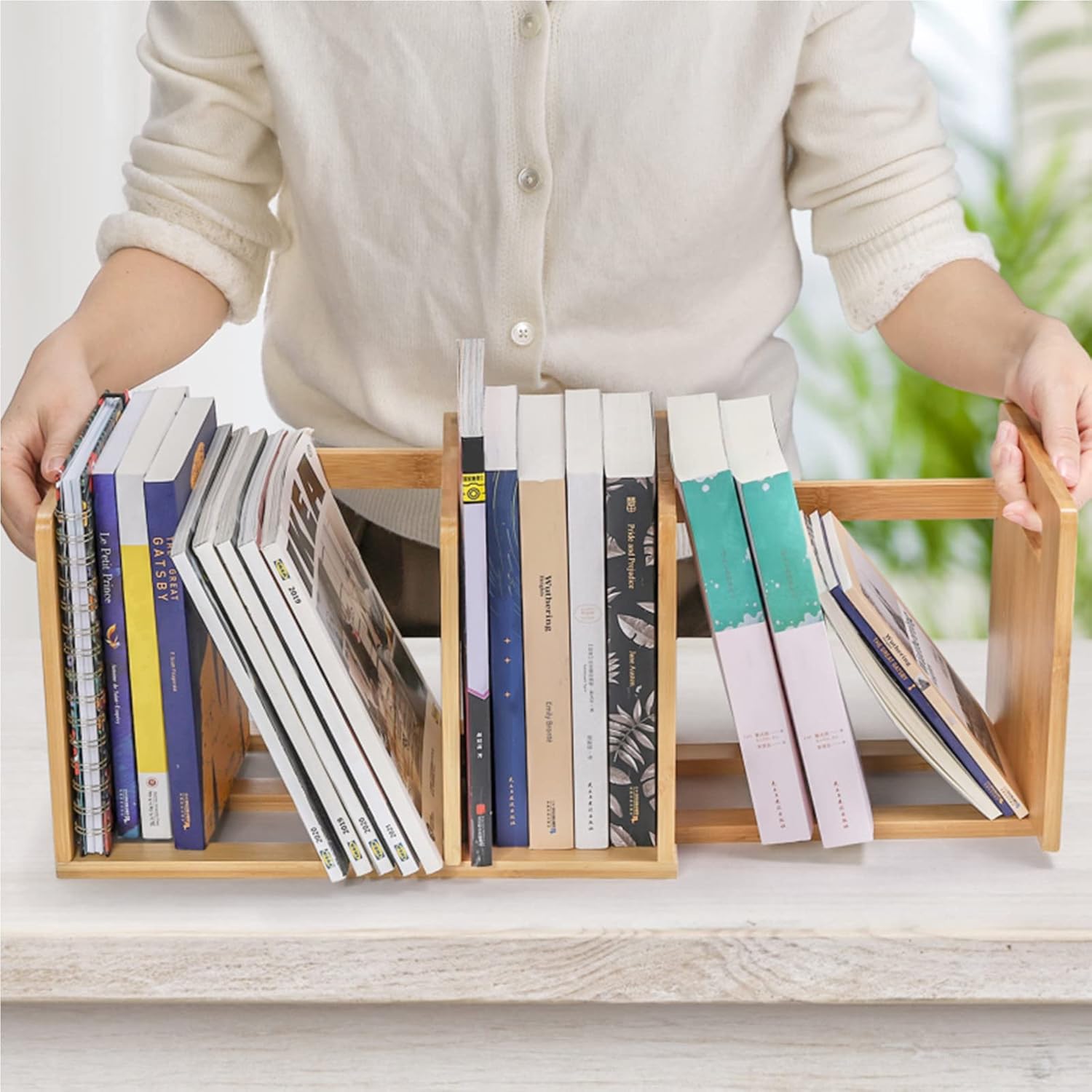 Bamboo Desktop Bookshelf Wooden Expandable Desktop Organizer Display Shelf Book Rack for Office Supplies Home Tabletop detail
