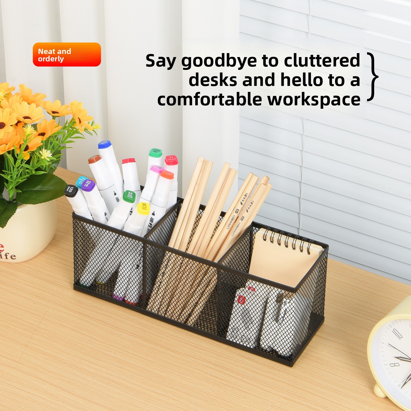 Minimalist Three-Compartment Long-Shaped Metal Pen Holder with High-Temperature Baked Enamel Coating for Office Use