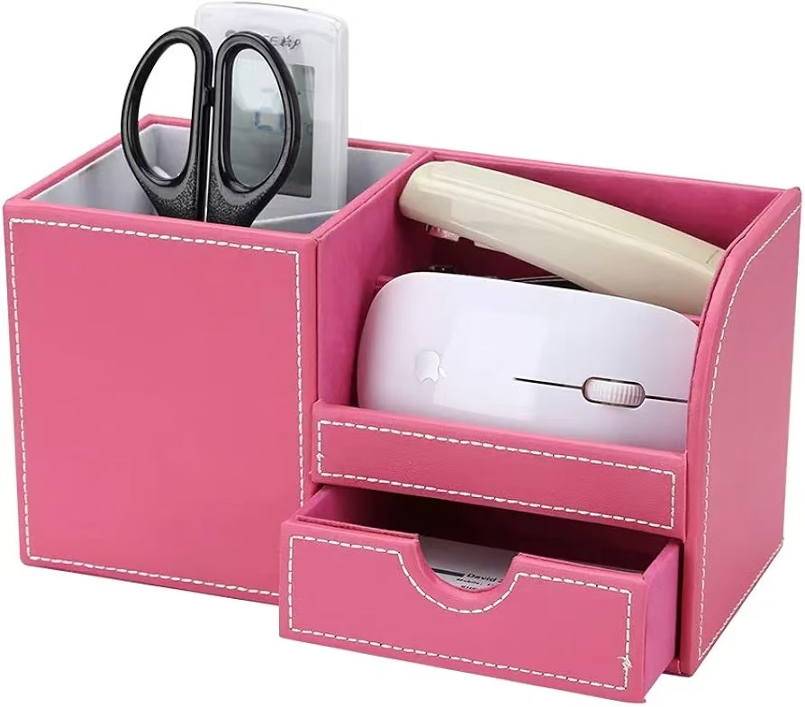 Pink High Quality PU Leather Portable Multi-function Pen Pencil Holder Desk Organizer Office Desktop Stationery Organizer detail