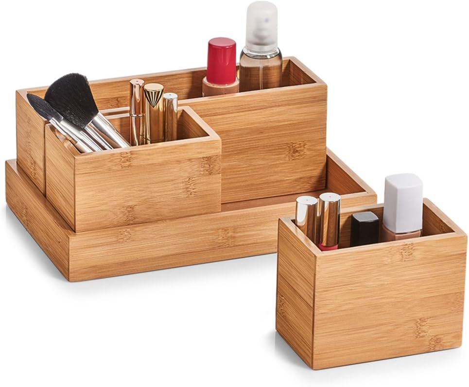 5 Compartments Rectangle Bamboo Office Organizer Desk Dispenser with Modern Design Pen Letters & Phone Holder detail