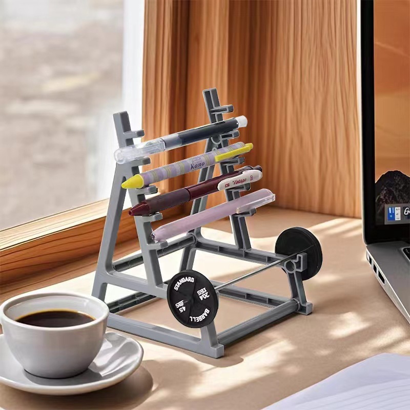 Metal Square Pen Holder with Squat Rack Mini Barbell for Creative Office Desk Stationery Storage Box 13.5x17.5x2.9 Made in China detail