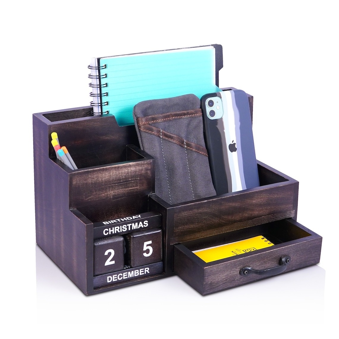 Multi-Functional Rectangle Wooden Office Desk Pen Holder Storage Box Desktop Organizer Drawer Accessories 40x21x25cm