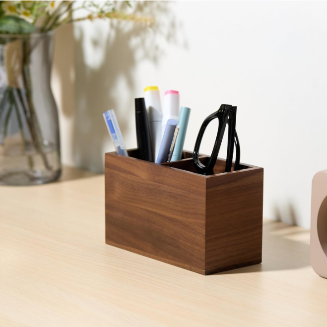 Walnut Wooden Rectangle Modern Handcrafted Pen Holder Jumbo Desk Organizer Stationery Multi-functional Storage Box detail