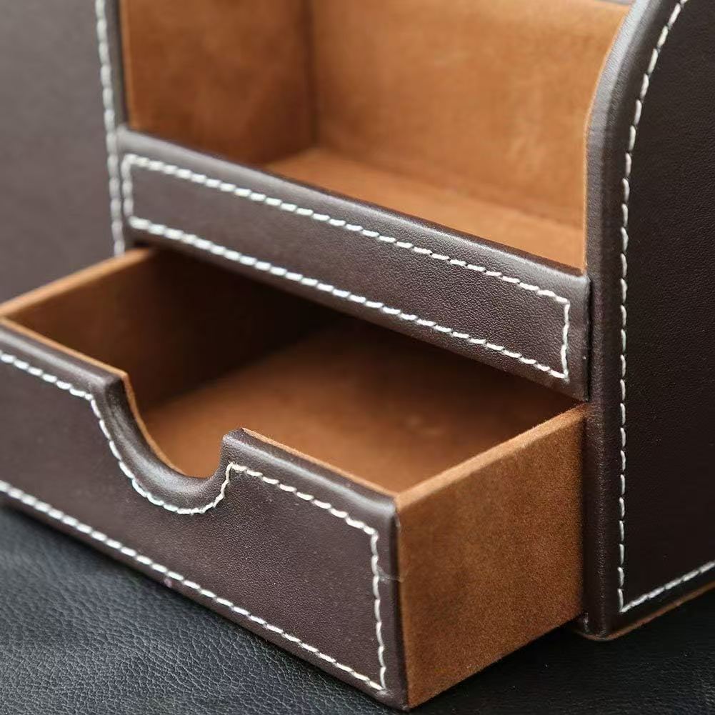 Square Shape Multi-functional Pen Pencil Holder Pu Leather Desk Storage Box with a Small Drawer product view