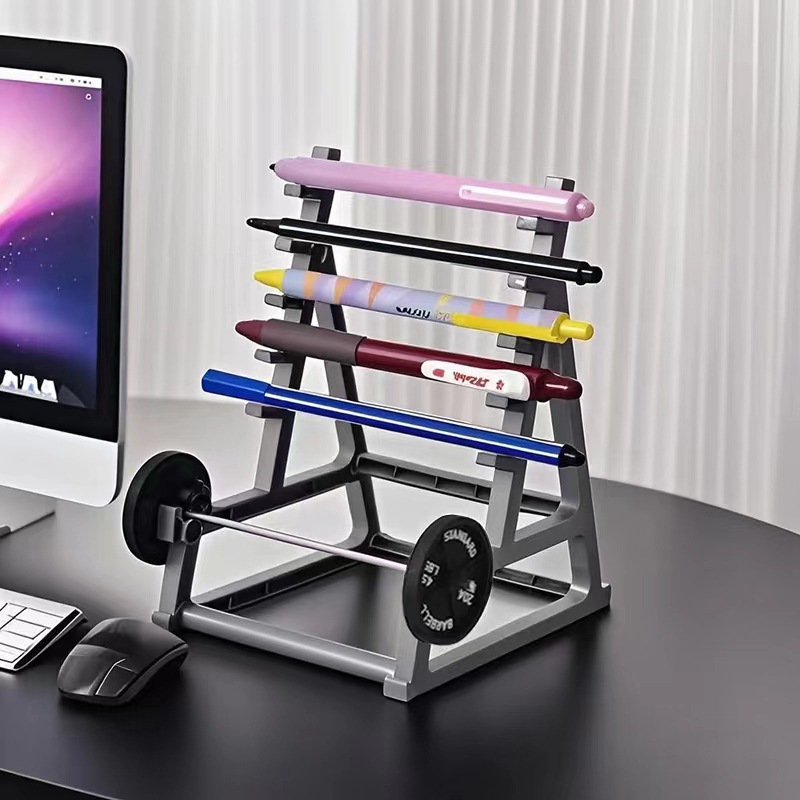 Metal Square Pen Holder with Squat Rack Mini Barbell for Creative Office Desk Stationery Storage Box 13.5x17.5x2.9 Made in China detail