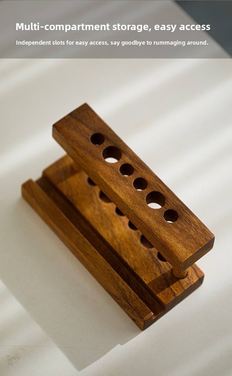 Custom Wood 2-tier Standing Pen Holder Desktop Tubular Penrack Multi-hole Phone and Pen Stationery Storage Rack for Office detail