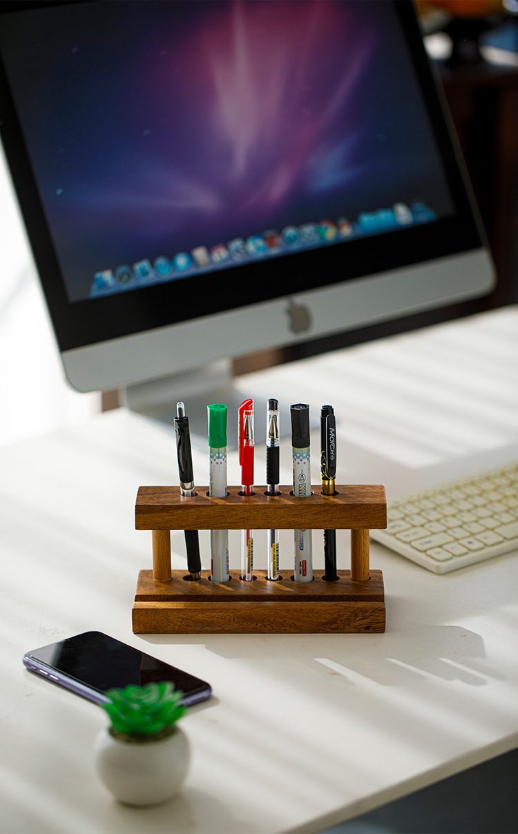 Custom Wood 2-tier Standing Pen Holder Desktop Tubular Penrack Multi-hole Phone and Pen Stationery Storage Rack for Office detail