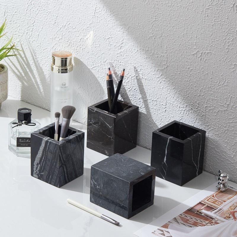 Luxury White/Black/Green Marble Pen Holder Handmade Polished Stone Desk Pen Cup for Office Decoration Gift product view