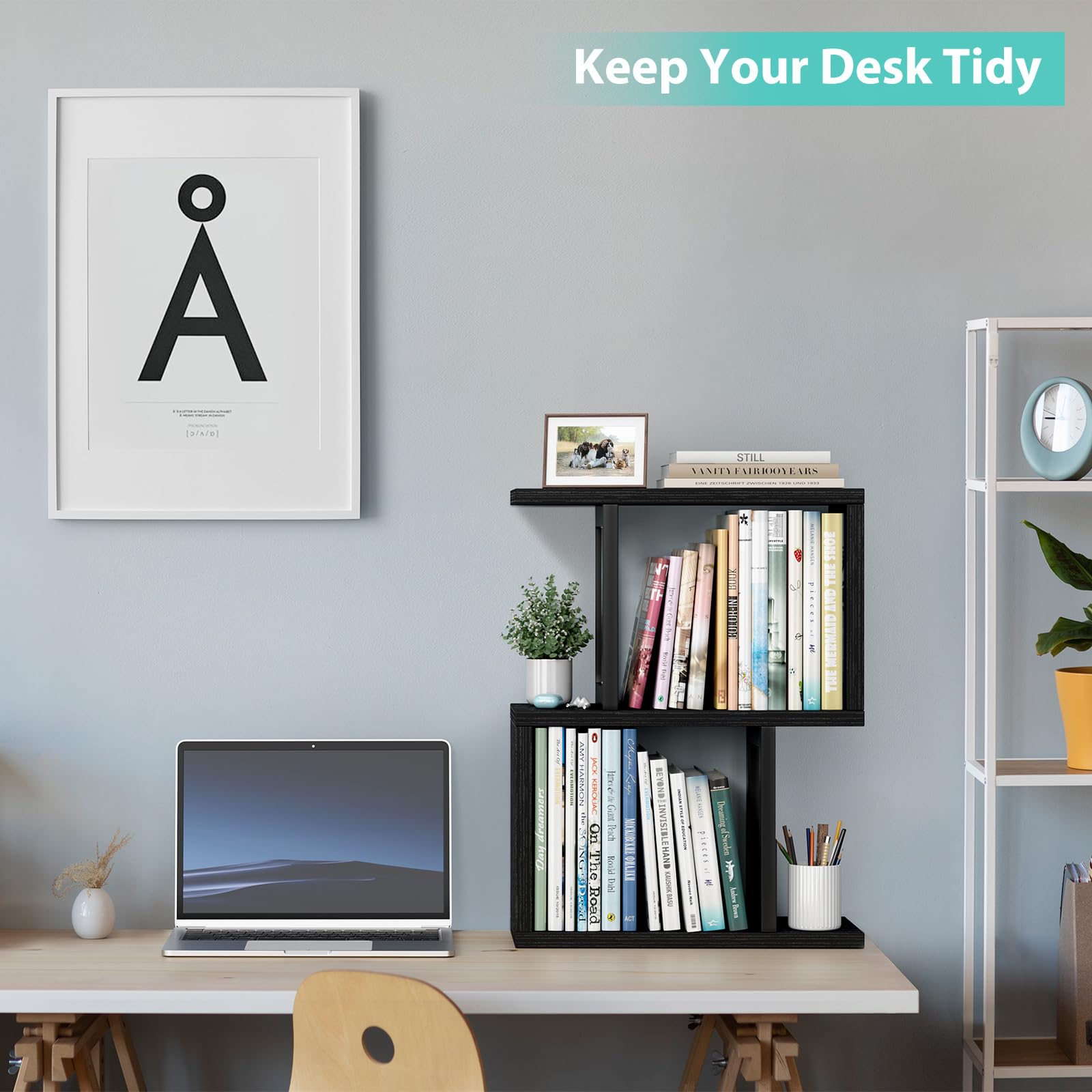 Wood 3 Tier Desk Shelf Bookcase with Storage Drawers Minimalist Tabletop Organizer for Home Office detail