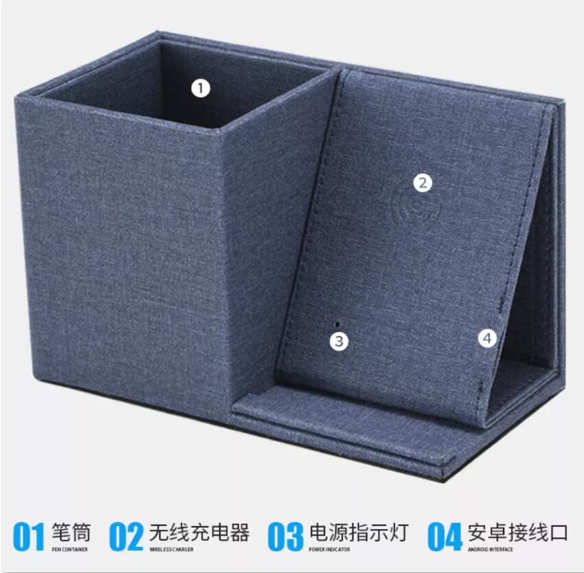 LG8188 Handmade Leather Desktop Organizer Wholesale Custom Logo 10W/15W Wireless Charging Stand Office Pen Holder detail