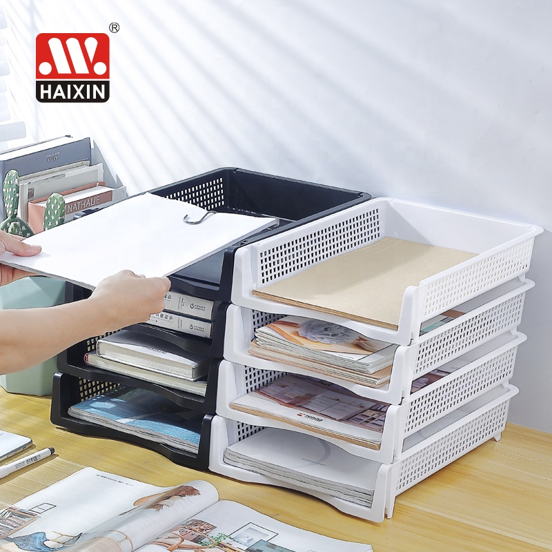 Haixin Mesh Collection Plastic Stackable Office Desk File Rack Stationery Organizer Paper Tray Holders Documents Storage Basket product view