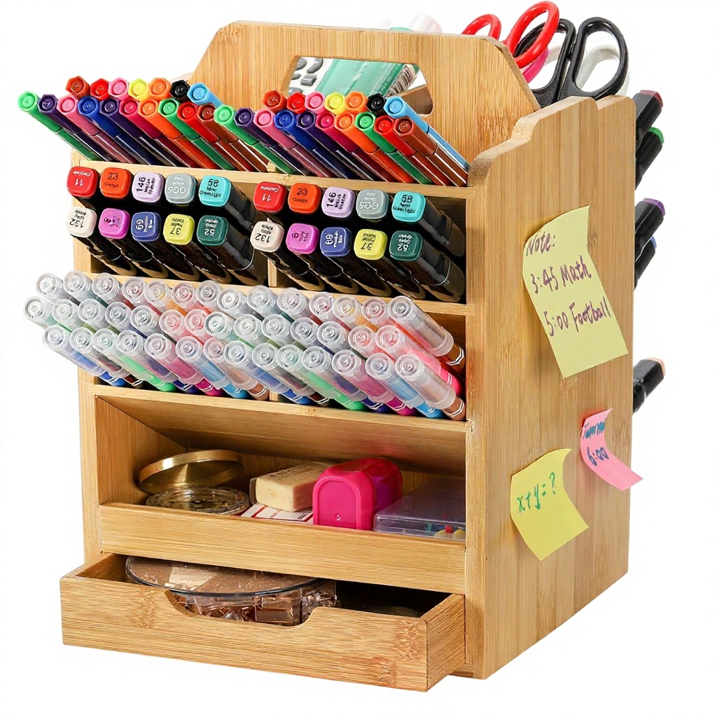 Custom Bamboo Pen Holder Organizer 360 Rotating Art Supply Storage Holds Pencils 15 Compartments Office Desk Storage Box Bin