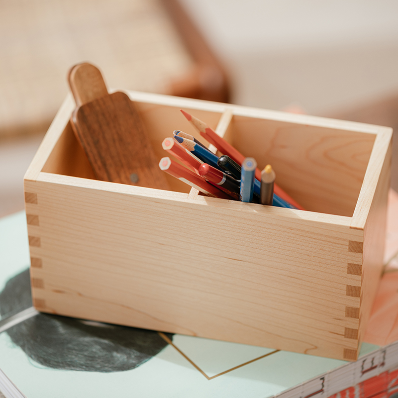 Natural House Two Cups Practical Design Office Stationery Organizer Solid Wood Pen & Pencil Holder for Desk Pencil Cup Stand detail