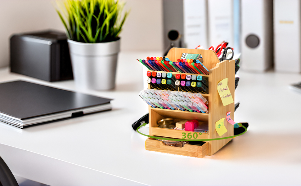 Custom Bamboo Pen Holder Organizer 360 Rotating Art Supply Storage Holds Pencils 15 Compartments Office Desk Storage Box Bin detail