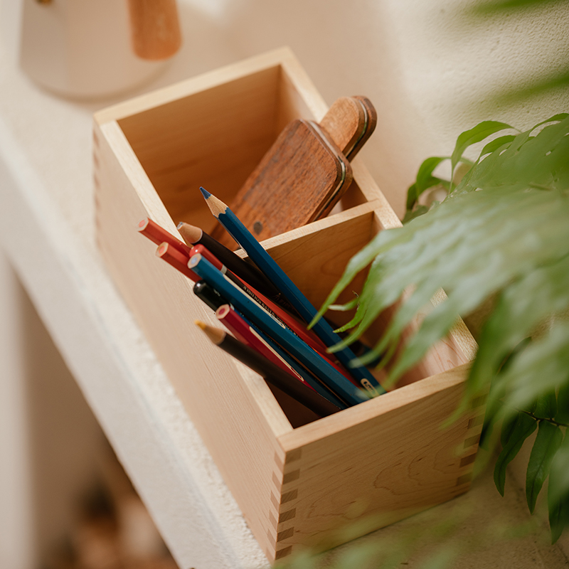 Natural House Two Cups Practical Design Office Stationery Organizer Solid Wood Pen & Pencil Holder for Desk Pencil Cup Stand product view