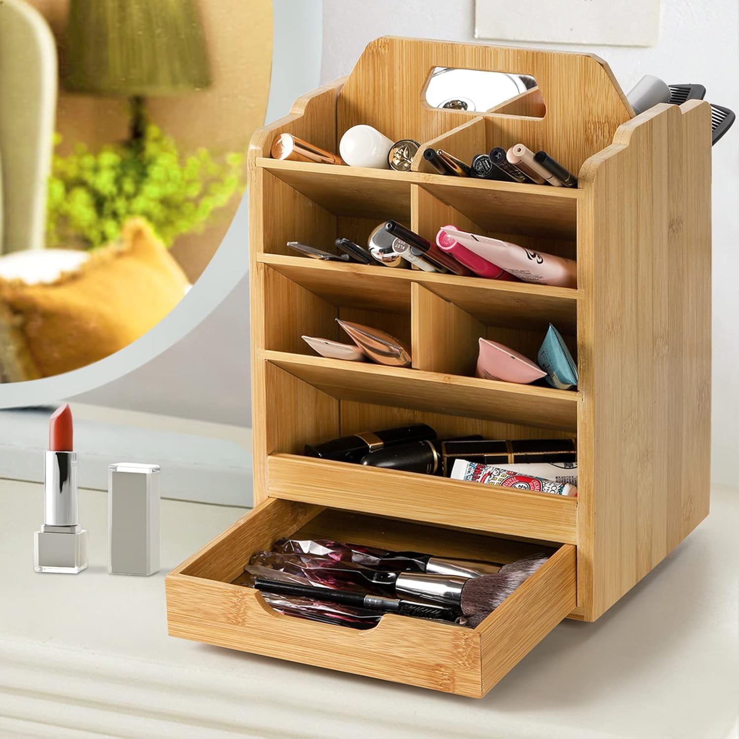 Custom Bamboo Pen Holder Organizer 360 Rotating Art Supply Storage Holds Pencils 15 Compartments Office Desk Storage Box Bin product view