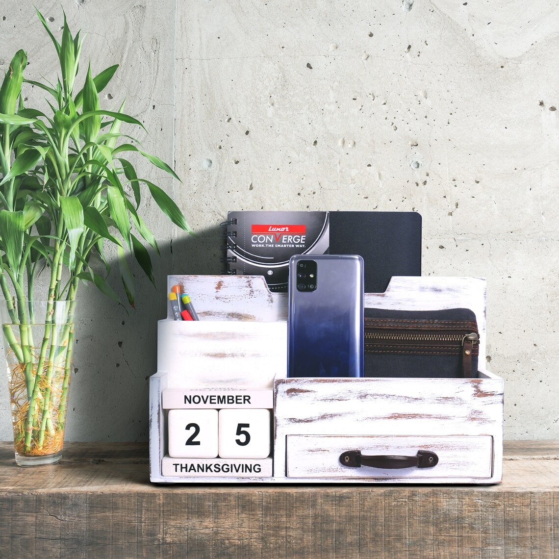 Multi-Functional Rectangle Wooden Office Desk Pen Holder Storage Box Desktop Organizer Drawer Accessories 40x21x25cm detail