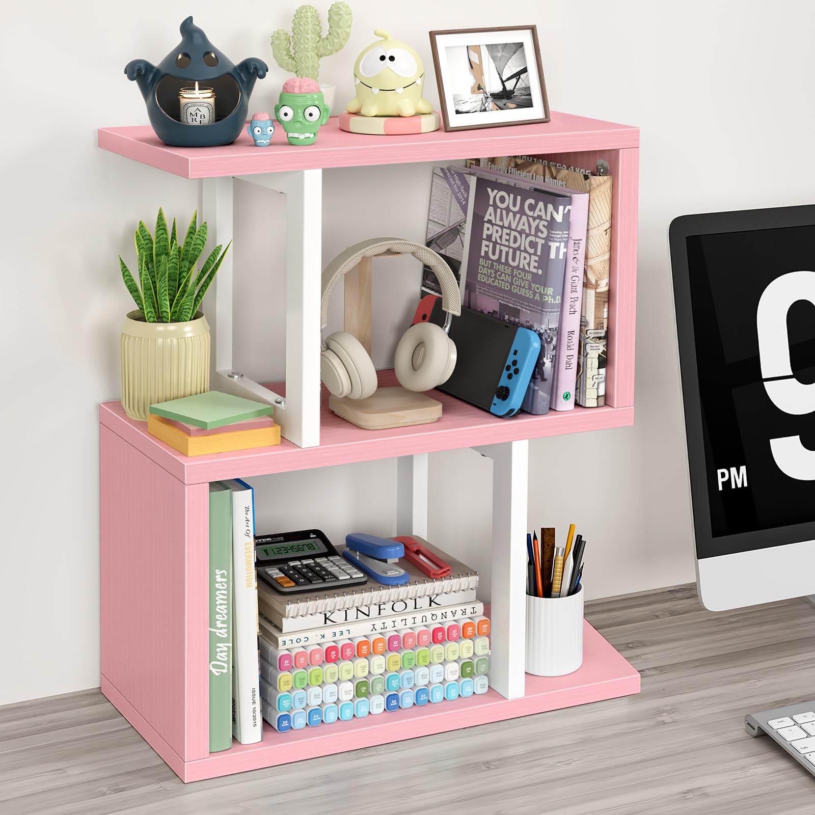 Wood 3 Tier Desk Shelf Bookcase with Storage Drawers Minimalist Tabletop Organizer for Home Office