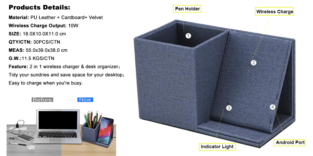 LG8188 Handmade Leather Desktop Organizer Wholesale Custom Logo 10W/15W Wireless Charging Stand Office Pen Holder product view