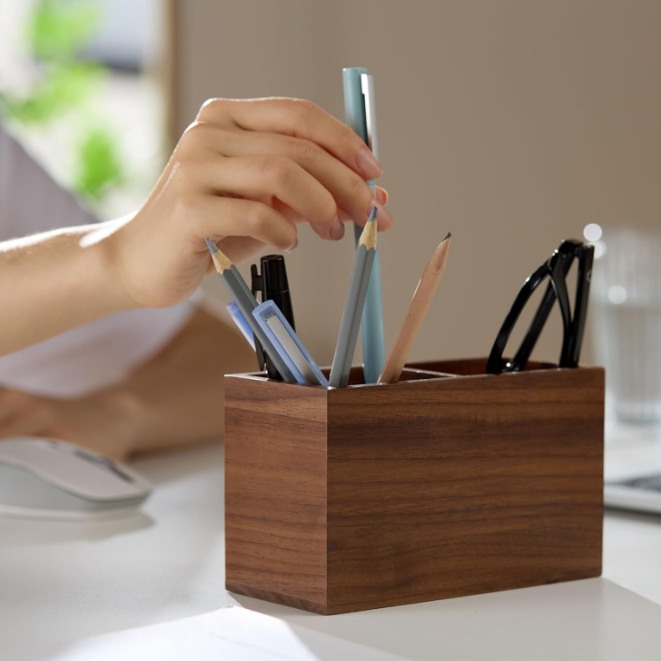 Walnut Wooden Rectangle Modern Handcrafted Pen Holder Jumbo Desk Organizer Stationery Multi-functional Storage Box detail