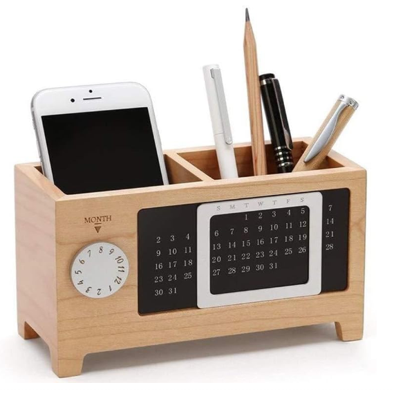 Solid Wood Handmade Calendar Pen Holder Multifunctional Desktop Office Organizer Modern Stylish Design for Living Room Home