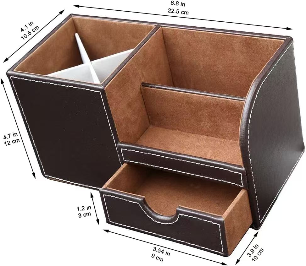 Square Shape Multi-functional Pen Pencil Holder Pu Leather Desk Storage Box with a Small Drawer product view
