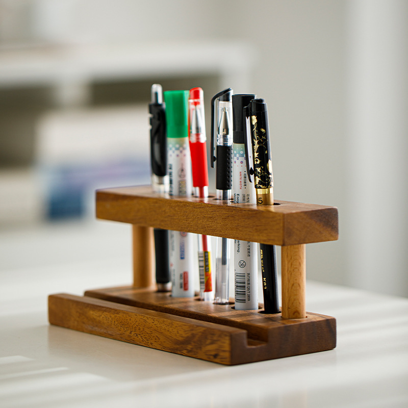 Custom Wood 2-tier Standing Pen Holder Desktop Tubular Penrack Multi-hole Phone and Pen Stationery Storage Rack for Office product view