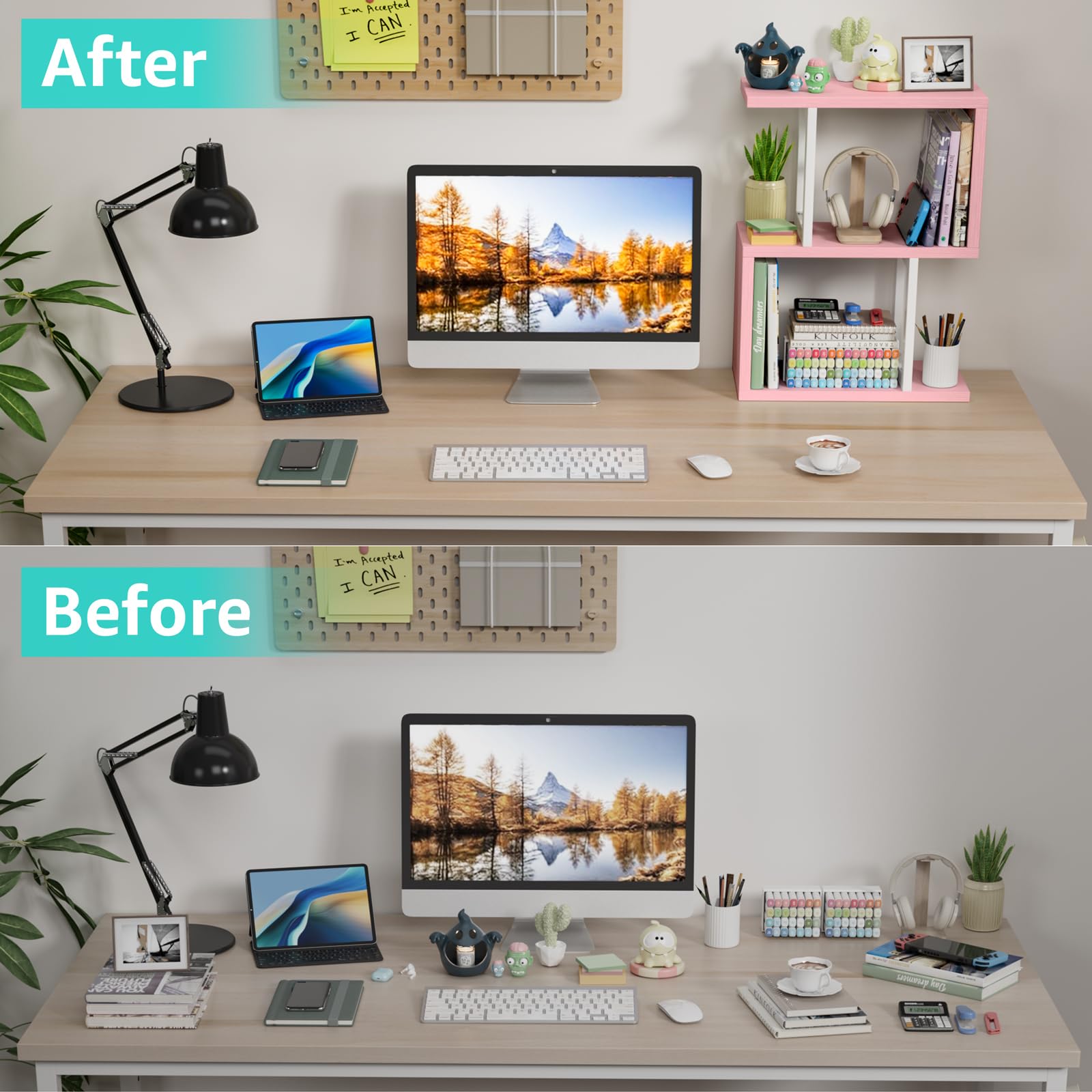 Wood 3 Tier Desk Shelf Bookcase with Storage Drawers Minimalist Tabletop Organizer for Home Office product view