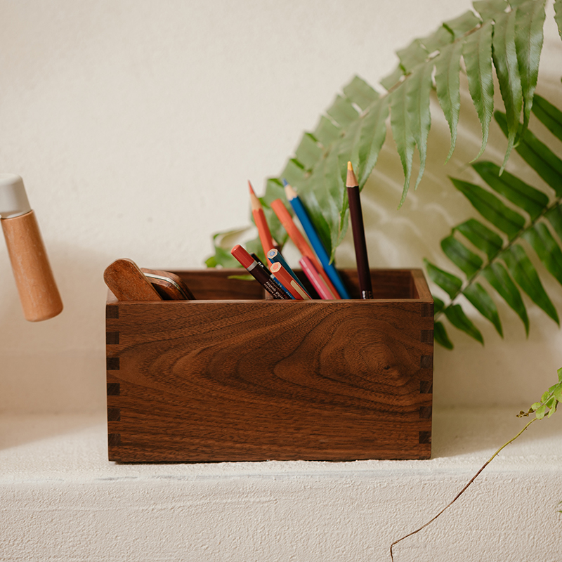 Natural House Two Cups Practical Design Office Stationery Organizer Solid Wood Pen & Pencil Holder for Desk Pencil Cup Stand detail