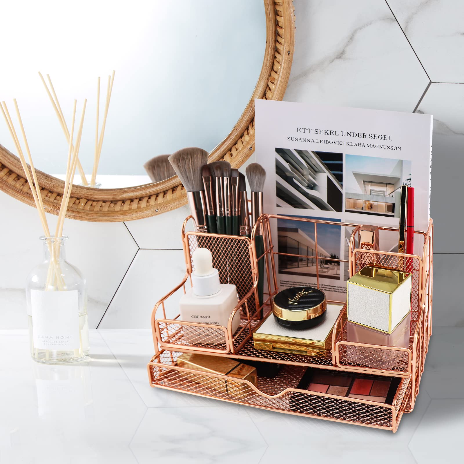 Rose Gold Metal Modern Desk Organizer Office Supplies Accessories with 7 Compartments Pen Holder Clips Set Customized Packaging product view